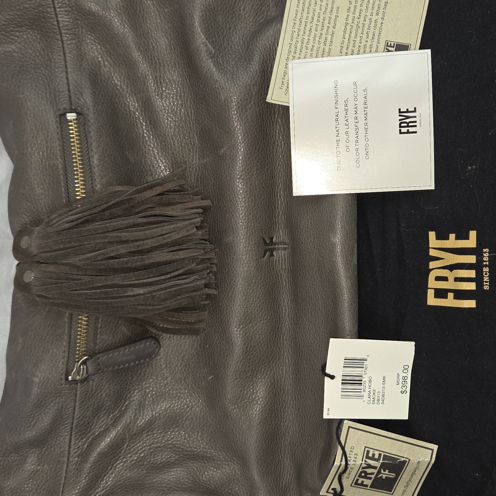 FRYE Smoke Gray Leather Purse With Fringe Tassle HOBO Handbag Shoulder Bag NWT - Picture 2 of 12